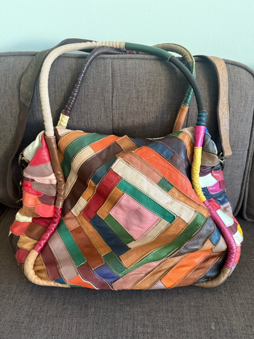 Colorful Patchwork Leather Tote Shoulder Bag Muticolor